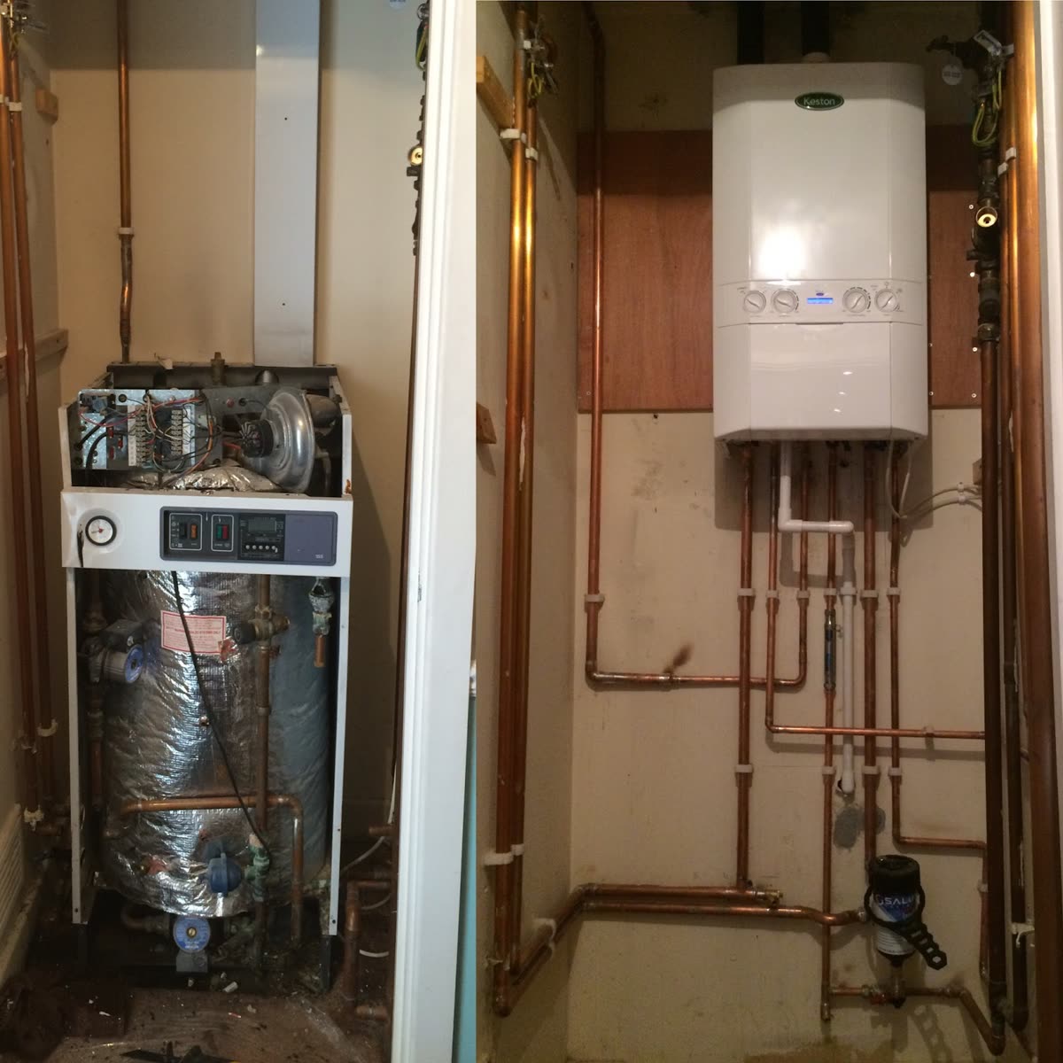 Before: an old floor-standing boiler and cylinder in a cupboard. After: a new wall-hung boiler with neat copper pipework