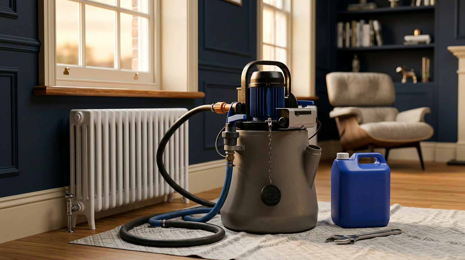 Illustrative powerflush machine connected to a radiator